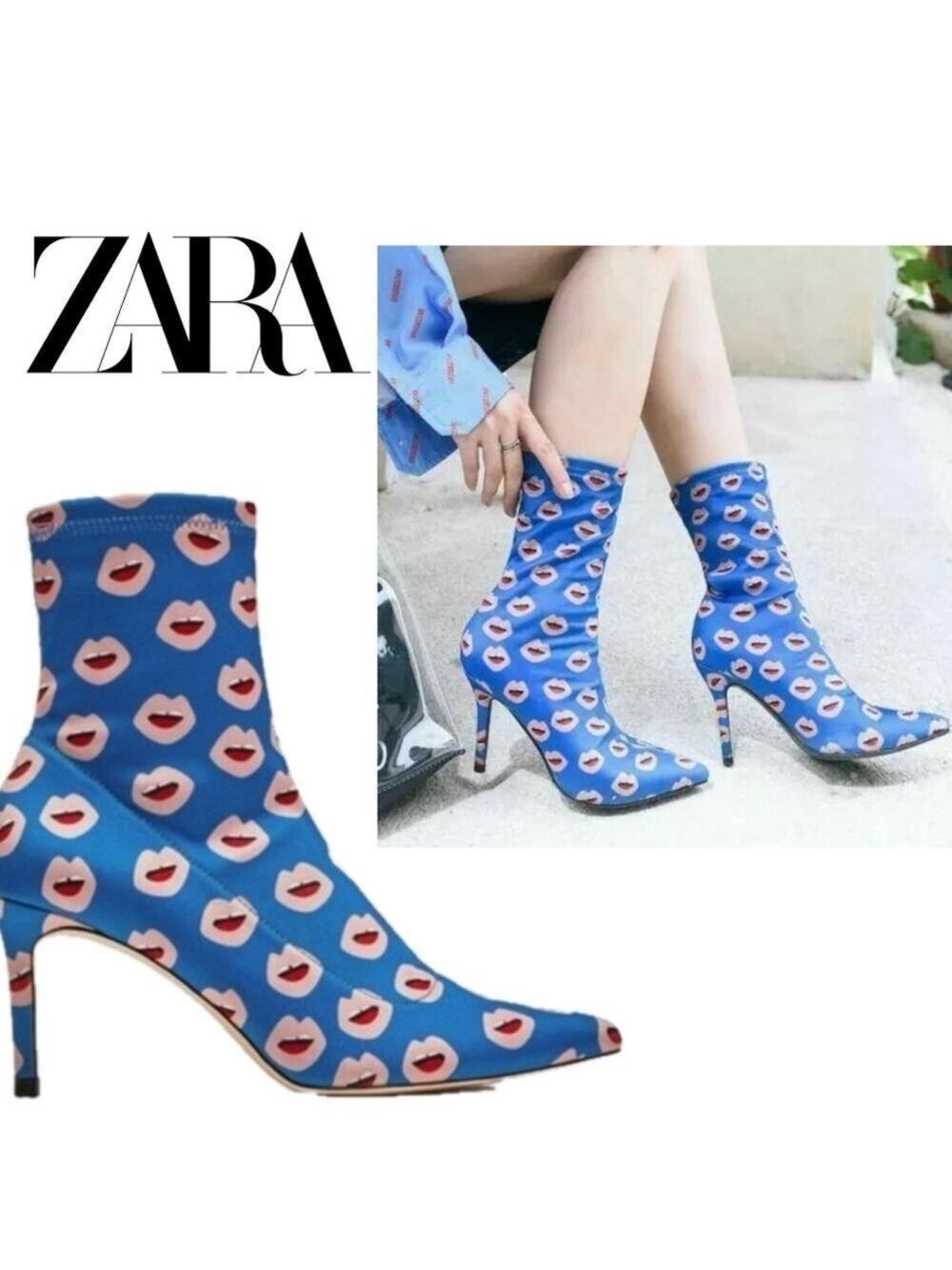 Zara blue sock style stretchy stiletto mouth lip print high heel  ankle booties
